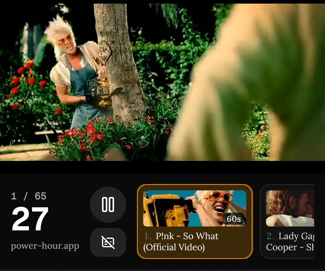 The player mid-song: a music video playing above a control bar reading 1 / 65 with a 27-second countdown, a pause button, and the current and next songs queued as thumbnails.